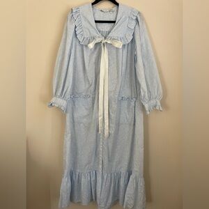Miss Elaine Blue White Floral Nightgown Ruffle Button Front Size Small